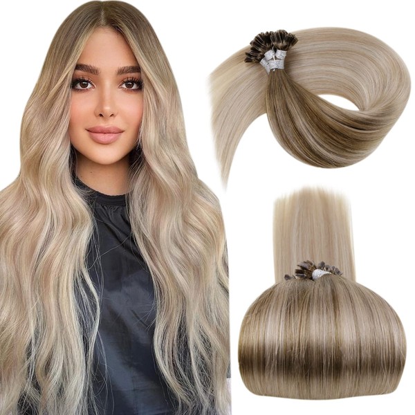 LaaVoo Bonded Extensions, Real Hair, 45 cm, U Tip Extensions, Balayage, Light Brown with Dark Ash Blonde to Platinum Blonde, Ombre, Pre-Bonded, Fusion Extensions, 50 g/50 Pieces, #8/18/60