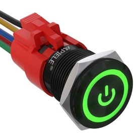 APIELE 19 mm Locking Pressure Switch 12 V DC 5 A, Aluminium Alloy with LED Power Symbol Waterproof Latch Push Button Switch, Car RV Truck Boat On/Off Button Switch (Black Shell/Green)