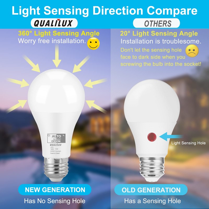 Qualilux Dusk to Dawn Light Bulbs 1000 Lumen, Daylight, LED