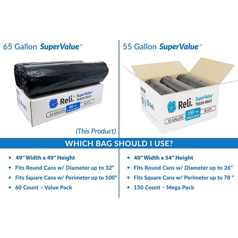 Reli. SuperValue 65 Gallon Trash Bags | 60 Count |