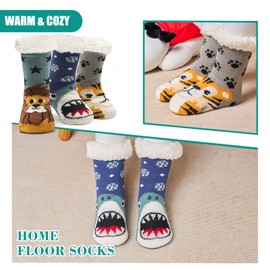 Big Boys Warm Fuzzy Socks for Kids Boys Winter Fluffy Socks Thick Thermal Floor Socks with Grips for Home 3 Pack Fierce Animal 8-10 Years