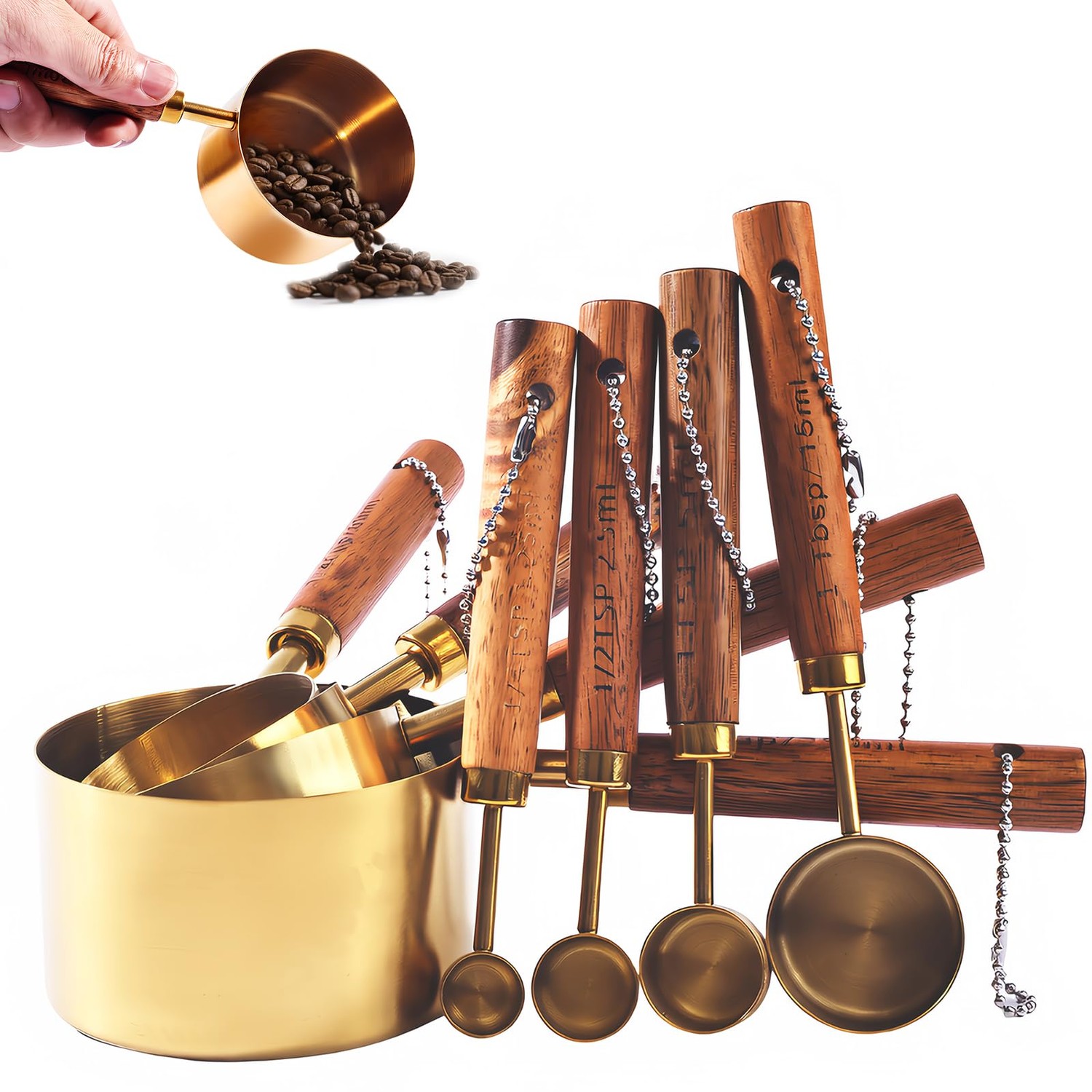 LLJOKUSA Metal Measuring Cups and Spoons Set with Acacia Wood Handle, 8 ...