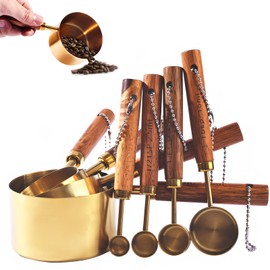 LLJOKUSA Metal Measuring Cups and Spoons Set with Acacia Wood Handle, 8-Piece Kitchen Gold Measuring Set, Collapsible Measuring Cups