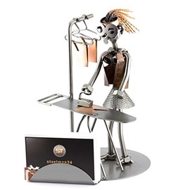 Steelman24 I Nuts and bolts sculpture Woman Ironing With Business Card Holder I Handmade ornaments I Made in Germany I I Metal figurine