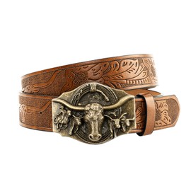 GENEMEN Western Cowboy Herd Buckle Belt for Men Women Cowgirl Floral Engraved Embossed Leather Belt for Jeans (Bronze Herd Brown, 110)