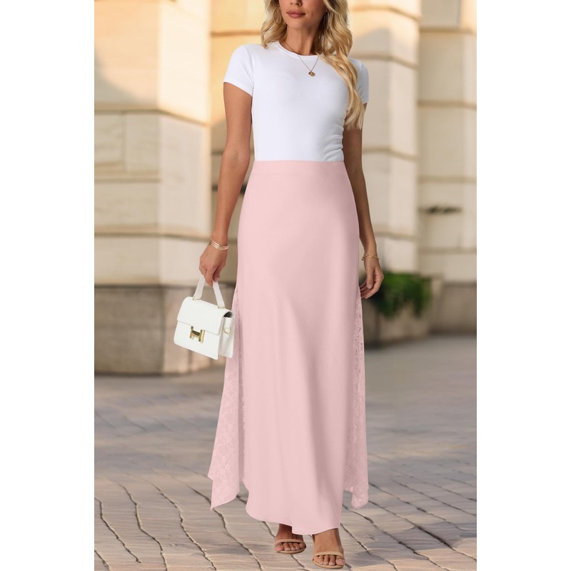 GRECERELLE Summer Maxi Skirt Women's Satin Long High Waist Silk