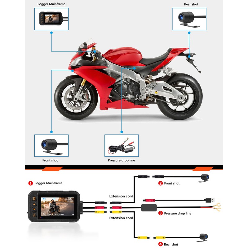 CAMECHO Motorcycle Dash Cam Front and Rear, Night Vision Dash