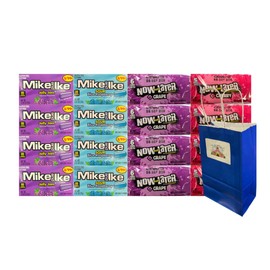 Assorted Candy Mix Variety Pack – Includes Mike and Ike Sour Blue Raspberry, Jolly Joes, Now and Later Grape & Cherry, Bulk 16-Pack with 4 Each Flavor, Blue Paper Bag for Parties, Snacks & Gifts