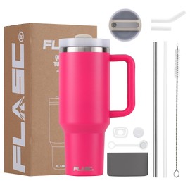 FLASC 40 oz Tumbler With Handle | 100% Leakproof Insulated Tumbler With Lid and Straw | Includes ALL Accessories: Stainless Steel Straw, Silicon Boot, Straw Cover & Cleaner (Hot Pink)