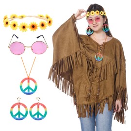 Angenster Indian Costume for Women, Poncho Costume, Indian Women's Carnival Costume with Hair Bands, Earrings and Necklaces, Double Layer Poncho Indian Girl Outfit, Boho for Carnival Fancy Dress