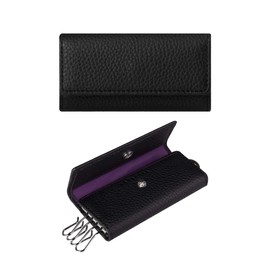 HANATORA PKC Genuine Leather Key Case, Trifold, 2 Buttons, 6 Hooks, 4 Hooks, Shrink Leather, Men's, Women's, Simple, Smart Leather, Keys, Key, Black