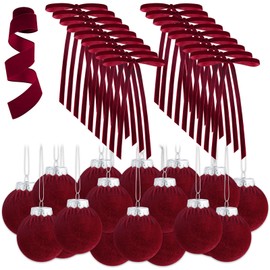 Syhood 37 Pcs Christmas Velvet Ornaments Decor Kit Include 18 Christmas Tree Velvet Balls 18 Vintage Velvet Bows 5.5 Yard Velvet Ribbon for Holiday Xmas Tree Decor (Wine Red)