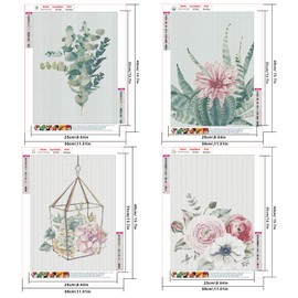 DCIDBEI Diamond Painting Set of 4 30 x 40 cm Diamond Painting Children Girls Flowers Cactus Juicy Plant Diamond Painting Pictures Diamond Painting Eucalyptus Painting by Numbers 5D Diamond Painting