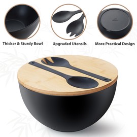 11.3" Extra Large Salad Bowl with Wooden Lid & Servers, 208Oz, Oversized Bamboo Fiber Salad Serving Set with Utensils for Home/Kitchen, Big Lightweight Bowl for Mixing Salad,Fruit,Pasta - Matte Black