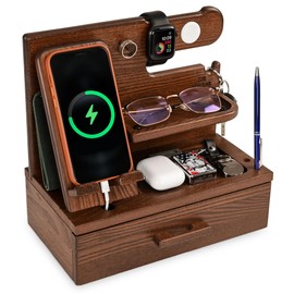 TESLYAR Wood Phone Docking Station with Drawer - Nightstand Organizer - Desk Organizer for Husband - Birthday Gifts for Men, Dad, Anniversary Idea, Key Holder Stand Watch & Accessories (Bourbon Brown)