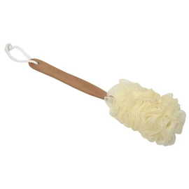Natural Wooden Handle Bath Loofah - Long Body Scrubber with Soft Mesh for Rich Lather, Gentle Exfoliation and Full-Body Reach - Back Shower Sponge with Hanging Rope Loop