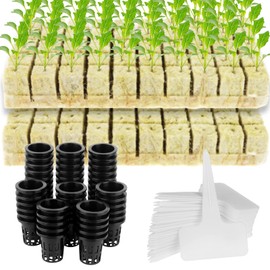 100 Set Rockwool Grow Cubes with 2 Inch Net Pots 100 Pack Hydroponic Net Pots 100 Pcs Rock Wool Planting Cubes 100 Pcs T-Type Plant Tags for Hydroponics Garden Tower Plant Growing Gardening Supplies