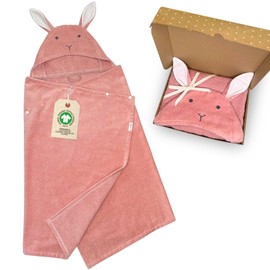 DIKOS® Hooded Towel Bath Poncho Baby Children Dusky Pink | 70 x 140 cm | 2-in-1 Poncho Towel Girls Bath Towel Baby Towel with Press Studs & Rabbit Hood up to Size 140 | 100% Organic Cotton Terry