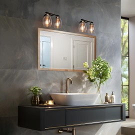 Bathroom Vanity Light Fixtures, Black Gold Vanity Lights with Seeded Glass Shades 2 Light Modern Farmhouse Bathroom Wall Sconce Lighting Over Mirror
