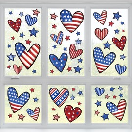 AnyDesign 6 Sheets Patriotic Window Clings Stars Stripes Heart Shape Window Decor Stickers Double-Sided 4th of July Window Decals for Independence Memorial Day School Home Office Party Supplies