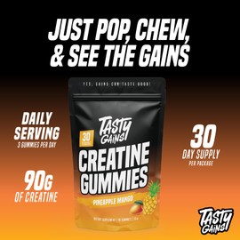 TASTY GAINS Creatine Gummies - 90g of Creatine Monohydrate - Workout Supplements - Build Muscle & Boost Strength for Men & Women - Made in USA - Non GMO - Vegan Friendly (Large, Pineapple Mango)