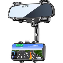 Rearview Mirror Phone Holder for Car, 360° Rotating and Retractable Multifunctional Rear View Phone Mount, Upgraded Four Corners Fixed Anti-Shake Fit All Smartphones & Bigger Vehicle