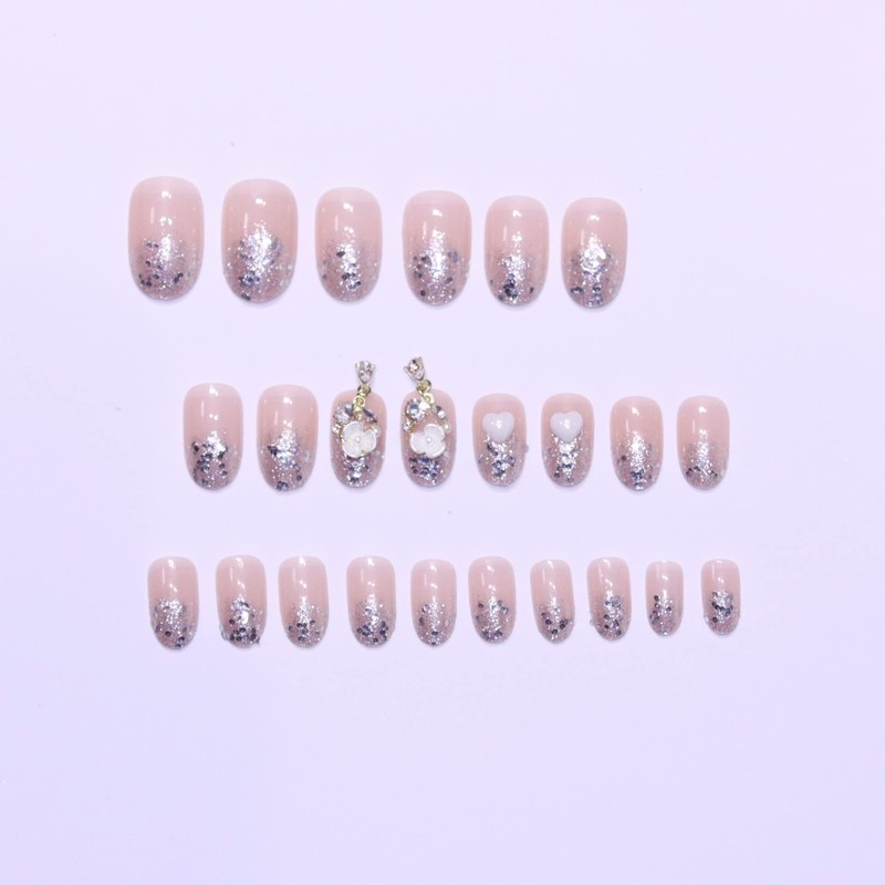 Nude Powder Nail Tips 3D Small Floral Pattern 24pcs French