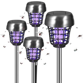 4 Pack Solar Bug Zapper Outdoor Waterproof, 2-in-1 Mosquito Zapper Solar Powered Mosquito Trap Repellent Lamp, Purple & White Light, Cordless Fly Insect Zappers for Garden Yard Patio Backyard Pathway