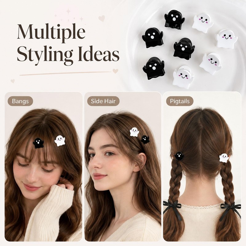 Halloween Ghost Mini Hair Clips 8Pcs Black White Spooky Clips