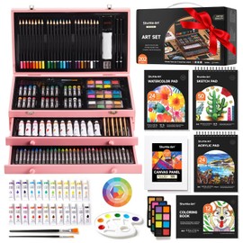 Shuttle Art Deluxe Gift Art Kit, 202-Piece Wooden Art Supplies Set with 4 Drawing Pads, Canvases, Coloring Sheets, Acrylic Paint, Crayons, Oil Pastels, Colored Pencils for Kids
