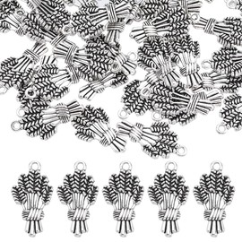 SUNNYCLUE 1 Box 50Pcs Thanksgiving Charms Wheat Charm Fall Harvest Autumn Charms Bulk Tibetan Style Antique Silver Wheat Spike Flower Wheat Ears Charm for jewellery Making Charms DIY Craft Supplies