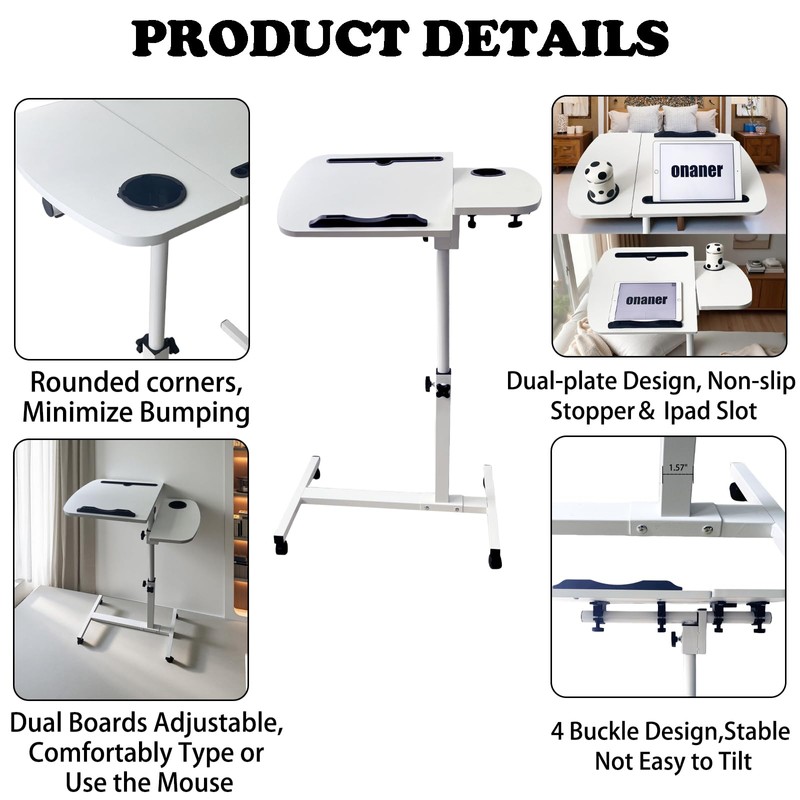 onaner Laptop Table for Couch,Height Adjustable Moving Desk with Wheels
