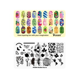 PUEEN Nail Art Stamping Plate -Double Fun 01 - Layering Collection 125x65mm Unique Nailart Polish Stamping Manicure Image Plates Accessories Kit - BH000724