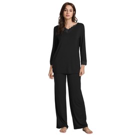 GYS Women's Pajamas Set - Viscose Made from Bamboo, Long Sleeve Long Pants Sleepwear Soft Pjs Lounge Sets with Pockets, A-black, Large