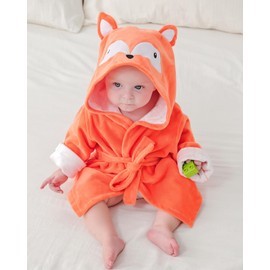 Baby Boys Girls Dressing Gown Viscose Bamboo Bath Robe, Qiuck Dry Bathrobe Soft Towel Robe with Cute Animal Design, Orange Fox 3-4 Years