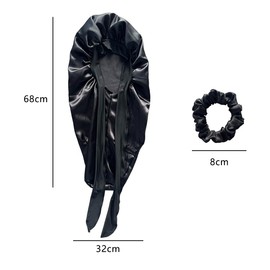 JAMAKALA Long Satin Bonnet for Women,Satin Sleep Cap with Tie Band and Scrunchies,Comfortable Elastic Wide Brim Satin Bonnet for Women Girls (Black)