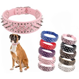 Hoot PU Leather Adjustable Spiked Studded Dog Collar 2" Wide 43 Spikes (L(Neck 21"-24"), Rose Red) (XS(Neck:15"-18"),Pink)