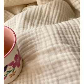 KyraHome 100% Organic Cotton 90"x90" Queen Muslin Throw Blankets for Bed, Pre-Washed Plant-Hand Dyed, Breathable Layering Bedspread Coverlet Gauze Blanket w/Fringe, All Season, (Light Beige/Creamy)