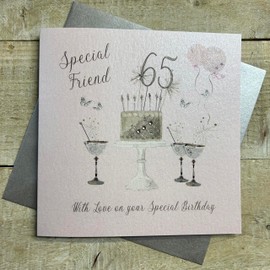 Happy 65th Birthday Card Special Friend Champagne Glasses Pink Roses by White Cotton Cards SS42-SF65, 16cm x 16cm