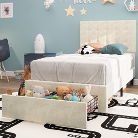 LIKIMIO Twin Bed Frame with Under-Bed Drawer, Velvet Upholstered Platform Bed Frame with Headboard, No Box Spring Needed/Noise-Free, Beige