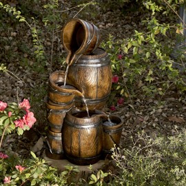 Alpine Corporation 24" H Indoor/Outdoor Tiered Barrels and Buckets Fountain, Brown