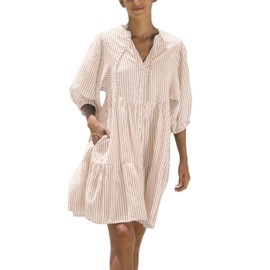 chouyatou Women's Summer V-Neck Casual Striped Midi Shirt Dress Tiered Boho Beach Tunic Babydoll Dress (Medium, Khaki)