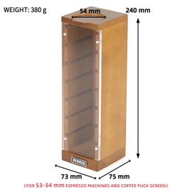 53/54mm Espresso Filter Basket Stand Compatible with Portafilter Filter Basket and Puck Screen - Holds Up to 7 Filter Baskets, Removable Magnetic Door, Beech Wood