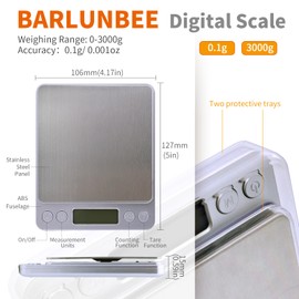 Barlunbee Gram Scale,Capacity 3000g Accuracy 0.1g Mini Food Scales Digital Weight Grams and Oz,Small Kitchen Scale High Precision for Espresso,Baking,Jewelry,Soap Making,Silver(Batteries Included)