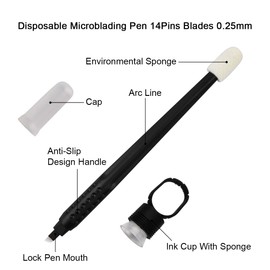 Microblading Disposable Handpiece with Needles for Manual Pigmentation of Eyebrows, Permanent Makeup Pens with Ring and Sponge Applicator (14F-0.25 mm), Pack of 10
