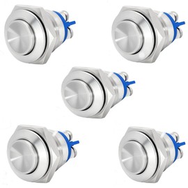 Walquicks 5 PCS 16MM Momentary Push Button Switch, UL Certified Waterproof IP67 Stainless Steel High Round Cap, 250V AC 5A 12V-36V DC 2A, High Flush Screw Terminals