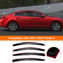 MXSAG 4pcs JDM 3D Wavy MU Style Window Visors Compatible with 2014-2021 Mazda 6 Atenza, Front+Rear Left+Right Outside Mount Type Dark Smoke Tint Tape-On Side Sun Rain Guards Set of 4