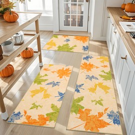 Geanlod Fall Kitchen Rugs Sets of 3 Non Slip, Autumn Maple Leaves Washable Kitchen Mats for Floor, Beige Orange Low Pile Bathroom Floor Carpets Runner Rug Doormats for Hallway Laundry Holiday Decor