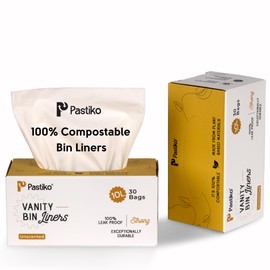 Pastiko 100% Compostable Biodegradable Vanity 10L Small Bin Bags 30 Bin Liners Plant Based Extra Thick Leak Proof TUV Austria OK Home and Industrial Compostable Strong Rubbish Bags