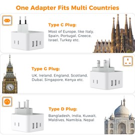 TESSAN European UK India Travel Plug Adapter Kit, International Detachable with 3 Outlet 3 USB(1 USB C), Type C/G/D EU Power Adaptor, US to Europe Italy Spain France Ireland Dubai Maldives